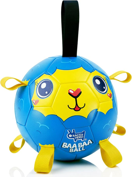 Race&Herd 8" Jolly Soccer Ball for Dogs - Tough Durable Dog Ball Toy with Straps, Pet Bouncy Herding Ball, Floating Dog Ball with Tags for Water Fetch, BaaBaaBall (Ocean)