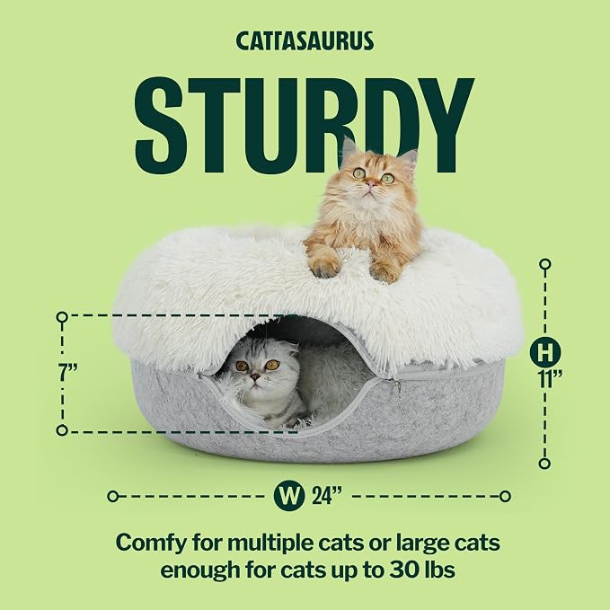 CATTASAURUS Peekaboo Cat Cave for Multiple & Large Cats Up to 30-45 Lbs, Fluffy Cat Beds for Indoor Cats, Scratch Detachable & Washable Tunnel Bed, Comfy Donut Cave (Light Gray, Large (Calming))