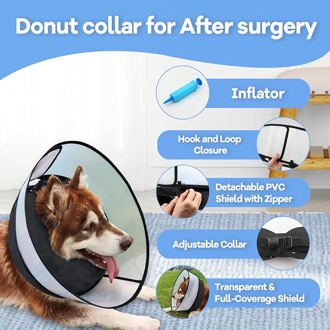 2-in-1 Inflatable Dog Cone Collar with Detachable Anti-Licking Shield, Soft Adjustable Elizabethan Collar for Dogs After Surgery (M+, Black)