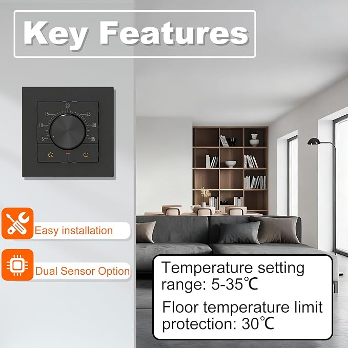 HEATIT Thermostat for Floor Heating, Manual Non-Programmable Electric Floor Heating Thermostat, Wide Voltage 100V-240V, Black