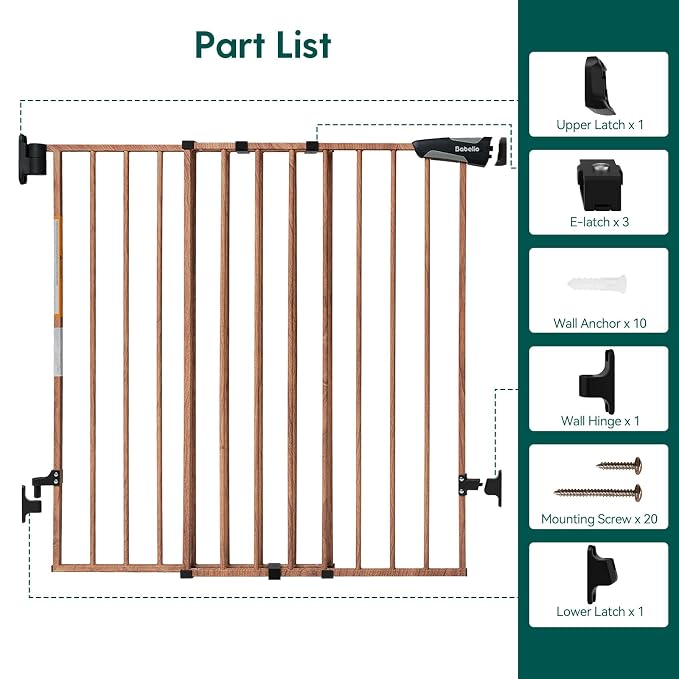 Babelio Baby Gate for Stairs & Doorways, 26-43" W 28" H No Bottom Bar| Easy Installation| One-Handed Operation| Auto-Close| Hardware Mount (Drill Needed) Safety Dog/Pet Gate (Brown Wood Pattern)