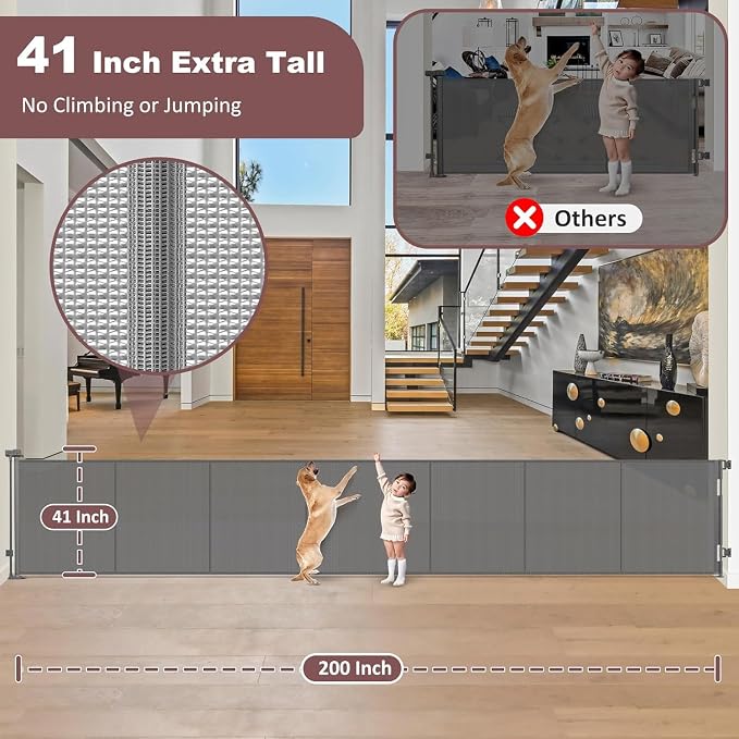 Reinforced 41 Inch Extra Tall Retractable Dog Gate 200" Extra Wide Retractable Baby Gate with Support Rods, Indoor Baby Fence for Living Room Outdoor Mesh Dog Gate Retractable Gates for Dogs, Gray