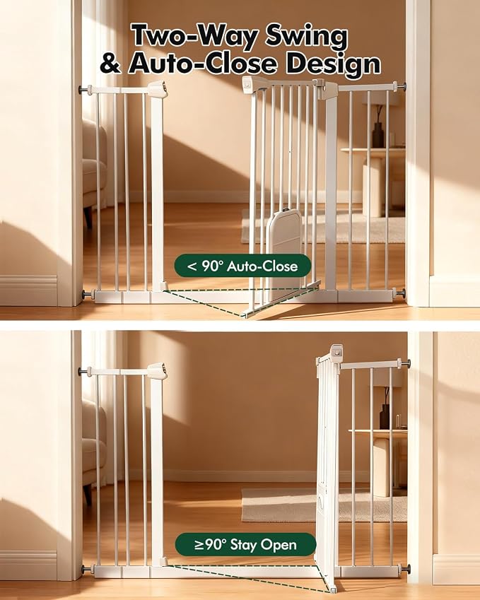 Pet Gate with Adjustable Cat Door, 31–46 Inch Pressure Mounted Dog Gate for Doorways, Stairs and Hallways, Auto Close Walk Through Metal Safety Gate, Easy Install, White