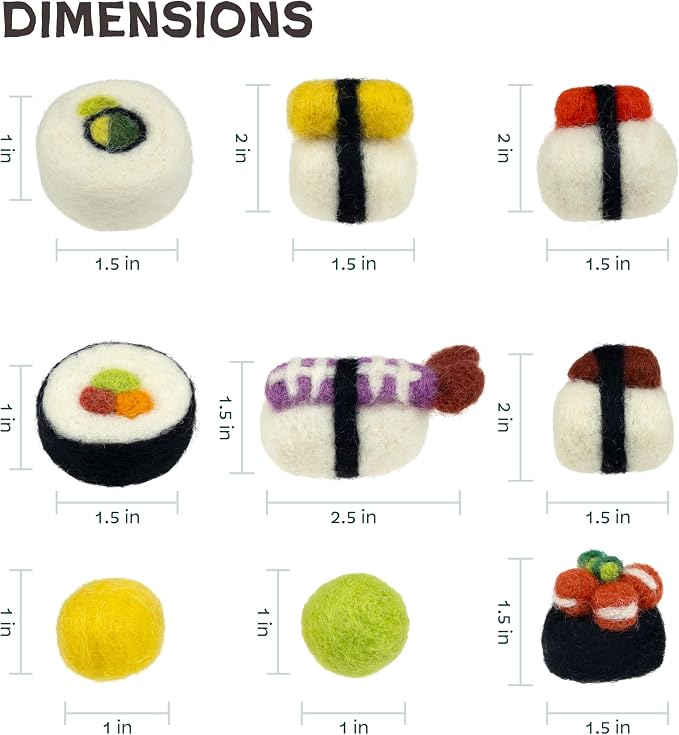 Woolbuddy Sushi Cat Toy Set – Wool Felt Interactive Toys for Indoor Cats & Kittens, Catnip-Free, Durable, Cute Enrichment Toys for Bored Cats, Natural Wool Dental & Hunting Play (Small – 9 Pcs)