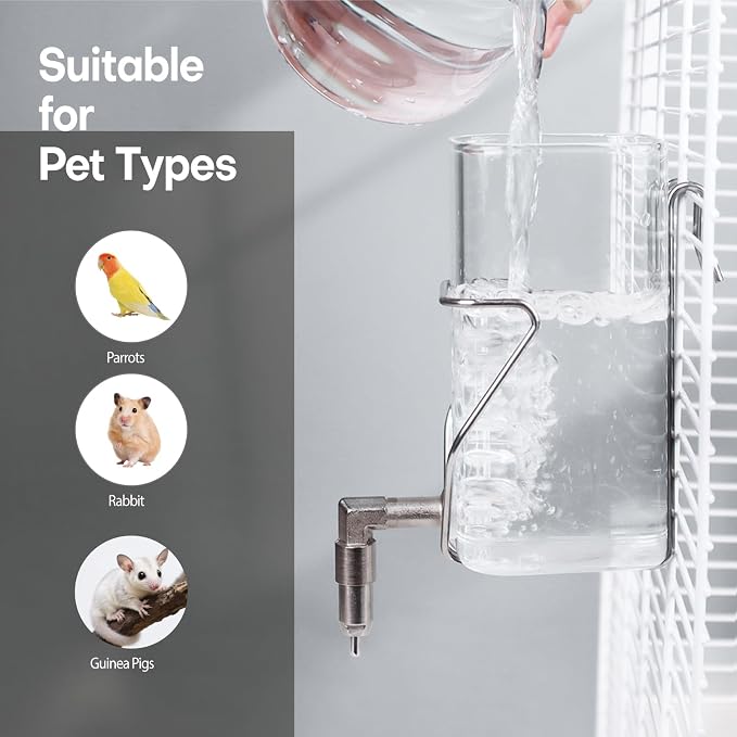 Premium Stainless Steel & Glass Pet Water Bottle - Firing Pin No-Drip Dispenser for Rabbits/Parrots/Rodents | 3 Size Options with Universal Cage Mount (350ml)