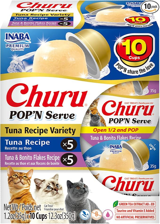 INABA Churu Pop'N Serve Jelly Cat Treat with Vitamin E & Taurine, 1.2 Ounce Cup, 10 Cups, Tuna Variety