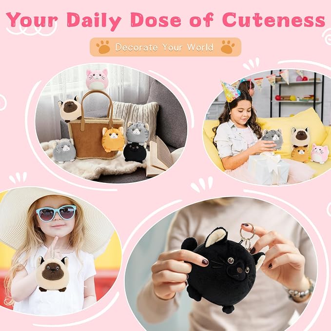 Muiteiur 6Pcs Mini Cat Plush Keychain Set, 3.94 Inch Small Cat Stuffed Animals with Clips, Cute Kitty Backpack Clip Plush Toys, Cat Lover Gifts, Party Favors for Kids Girls/Boys
