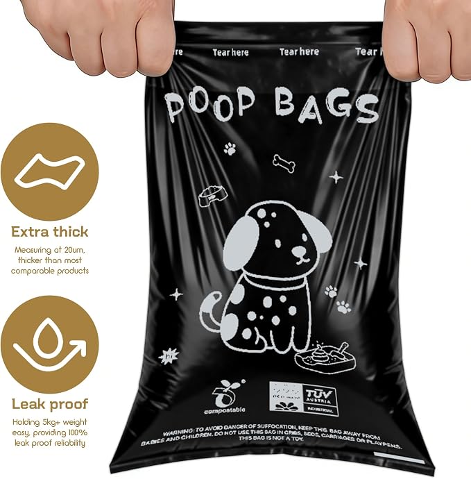 100% plant-based Dog Poop Bags Rolls, ASTM D6400 & EN 13432 Compliant, 240 Poop Bags including dispenser, 13 in × 9 in black poop bags for dogs, Super thick 100% leak proof