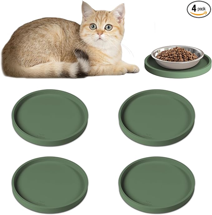 Arespark Pet Silicone Food Mat, 6in x 6in Set of 4 Nonslip Waterproof Feeding Bowl Mat with Raised Edges for Food and Water Prevent Spills, Round Eating Tray for Dog Cat Puppy Kitten (Olive Green)