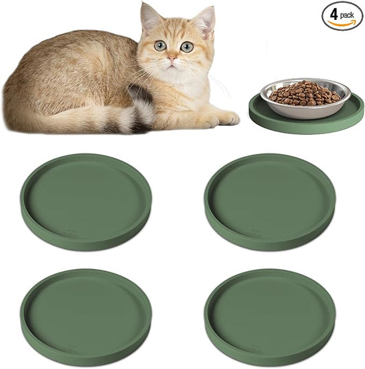 Arespark Pet Silicone Food Mat, 6in x 6in Set of 4 Nonslip Waterproof Feeding Bowl Mat with Raised Edges for Food and Water Prevent Spills, Round Eating Tray for Dog Cat Puppy Kitten (Olive Green)