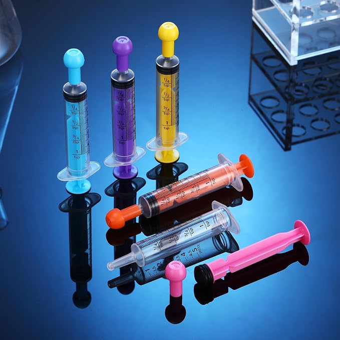 TrelaCo 100 Pieces Plastic Syringe for Liquid with Caps Colored Syringe Without Needle Colorful Measuring Tools Individually Sealed for Pet Feeding, Industrial Scientific Labs, 5 Colors(5 ml)