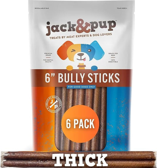 Jack&Pup 6-inch Premium Grade Odor Free Bully Sticks Dog Treats [Thick-Size] – 6” Long All Natural Gourmet Dog Treat Chews – Fresh and Savory Beef Flavor - (6 Pack)