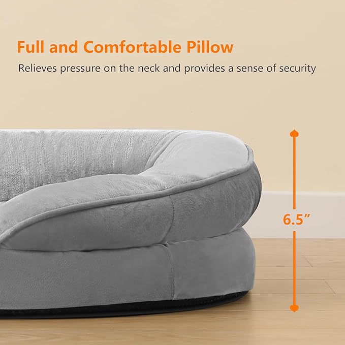 Dwanton Orthopedic Dog Bed for Large Dogs with Gel Memory Foam, Waterproof Dog Sofa, Washable Pet Bed with Four Sided Bolster Cushion, Removable Cover & Non-Slip Bottom, 42", Light Grey