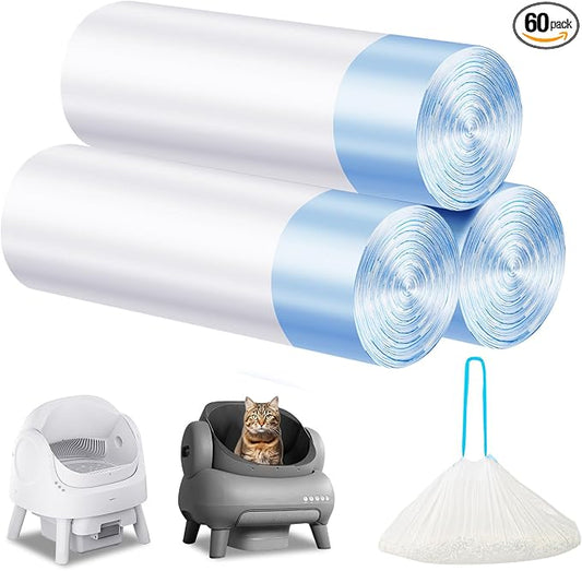 Cat Litter Bags 60 Count,26.37"x15.74" Drawstring Close Litter Box Liners for Automatic Litter Box,Thick Cat Poop Bags,Easy to Clean,Heavy Duty Robot Bag for Self-Cleaning Box