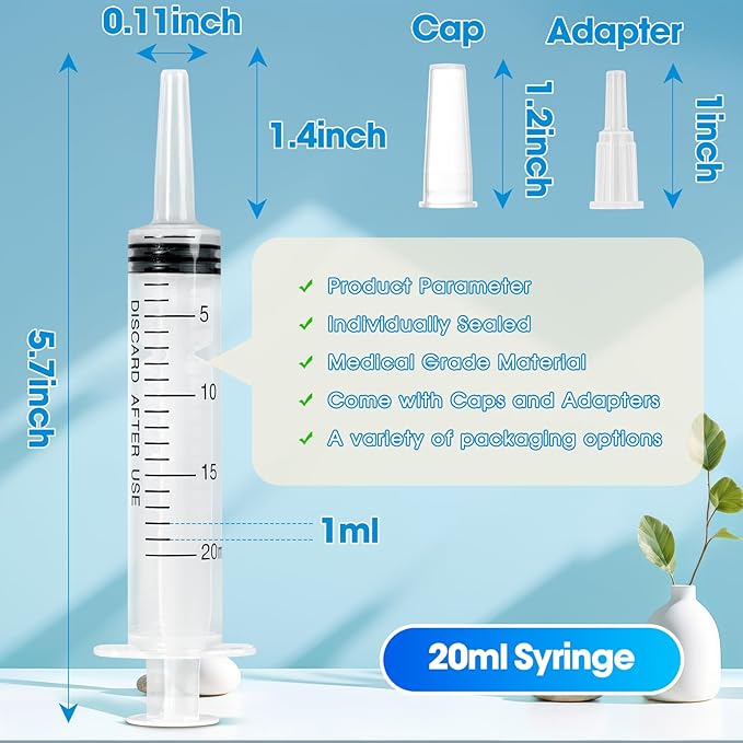 20ml Syringe for Liquid,5 Pack Large Plastic Syringes with Adapters and Cap,Individually Sealed Syringe for Feeding,Irrigation Water and Scientific Labs