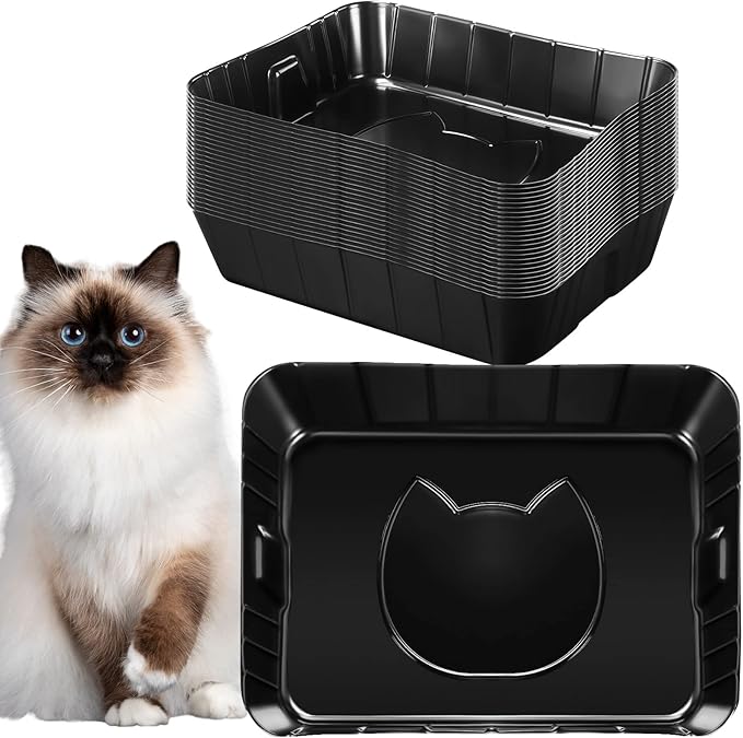 Bokon 25 Count Disposable Litter Box for Cat, Large Disposable Litter Tray for Travel Home Durable Portable Plastic Kitty Litters Boxes Leak-Resistant Easy-Grip Rim, 15.7 x 11.8 x 3 Inches(Black)