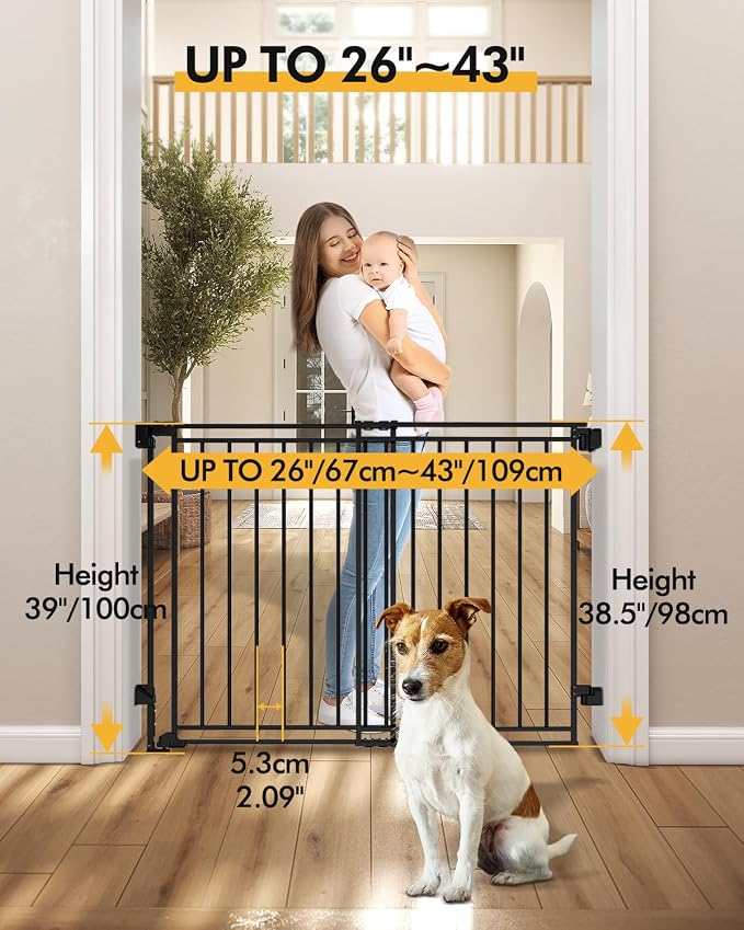 Baby Gate for Stairs, Doorways & Hallways with Auto Close – 26.4"-43" W x 39" H, Extra-Wide Walk Thru and No Bottom Bar for Easy Access, Adjustable Safety Gate for Dogs & Toddlers, Black