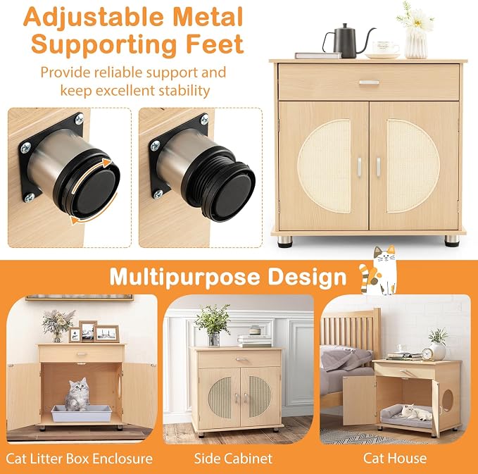 PETSITE Cat Litter Box Enclosure, Hidden Litter Box Furniture with Drawer and Adjustable Metal Feet, Wooden Pet House Side End Table, Indoor Litter Box Cabinet with Sisal Scratching Board Doors