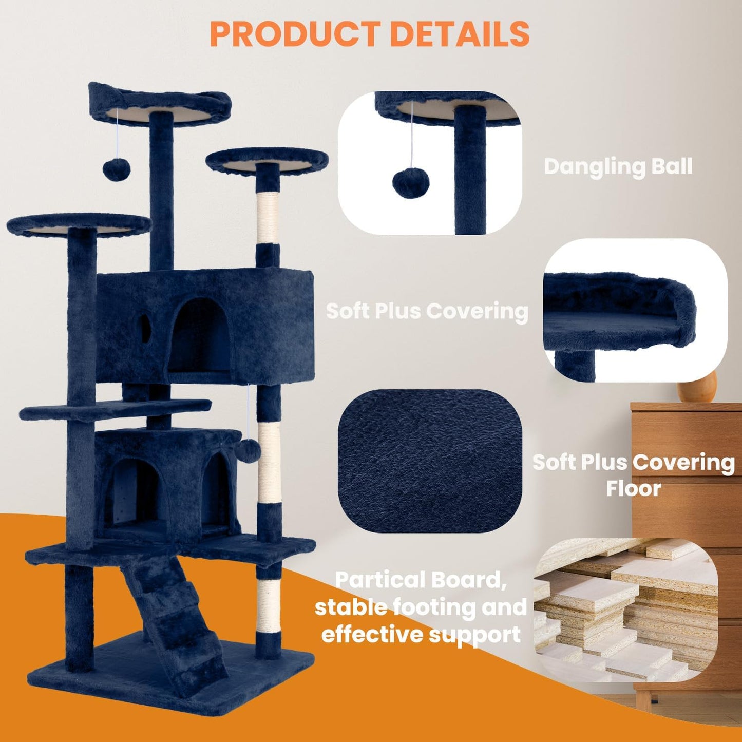 54.7 inches Cat Tower - Multi-Level Cat Condo with Scratching Posts, Hanging Toys, Navy Blue