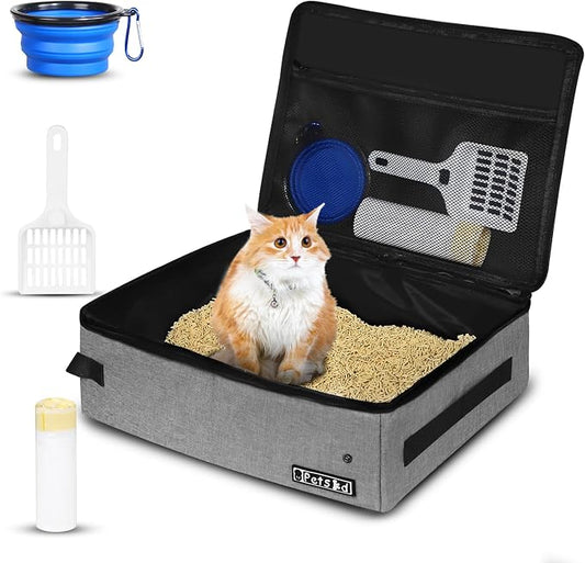 Petskd Portable Cat Travel Litter Box with Lid and 10 pcs Disposable Liner Bags, Leak-Proof and Collapsible, Cat Travel Essentials for Car, Hotel, Airplane and Other Outdoor Use(Grey)