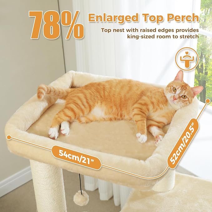 PAWZ Road Large Cat Tree, 45" Heavy Duty Cat Tower with Dual Condos, 3 Thick Full Wrapped Sisal Posts(φ4.3), Spacious Top Perch, Scratching Ramp for Large Cats,Beige
