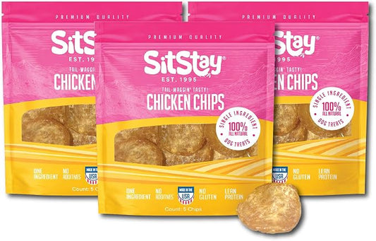 SitStay Chicken Chips Dog Treats, Chicken Chips for Dogs - Single Ingredient Dog Treats - Dehydrated, 80% Protein Low Fat - Training Rewards - All Breeds & Life Stages - Made in USA - 3 Travel Bags