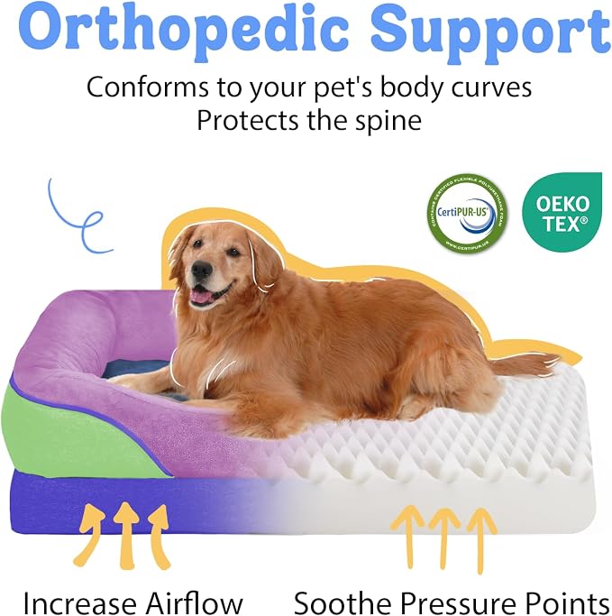Chez Paw XXL Orthopedic Dog Bed for Extra Large Dogs, Extra Thick Egg-Crate Foam Waterproof Pet Couch with Removable Washable Cover, 4-Sided Bolster & Non-Slip Bottom, Lavender Blue 45"x35"x7.5"