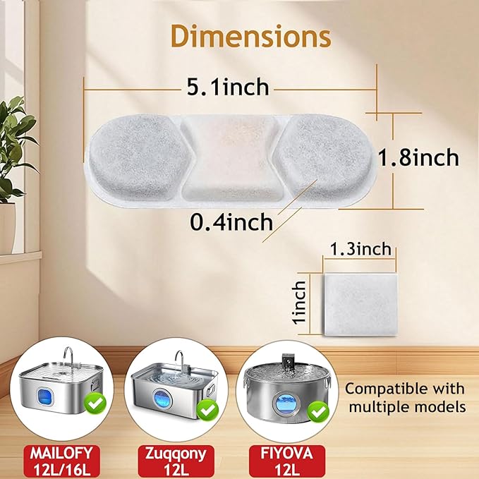 12 Pack Dog Water Fountain Filter for Zuqqony/MAILOFY/FIYOVA 12L&16L Stainless Steel Fountain,Dog Water Filter Replacement for Automatic Water Dispenser,6 Month Set,with 12 Sponge