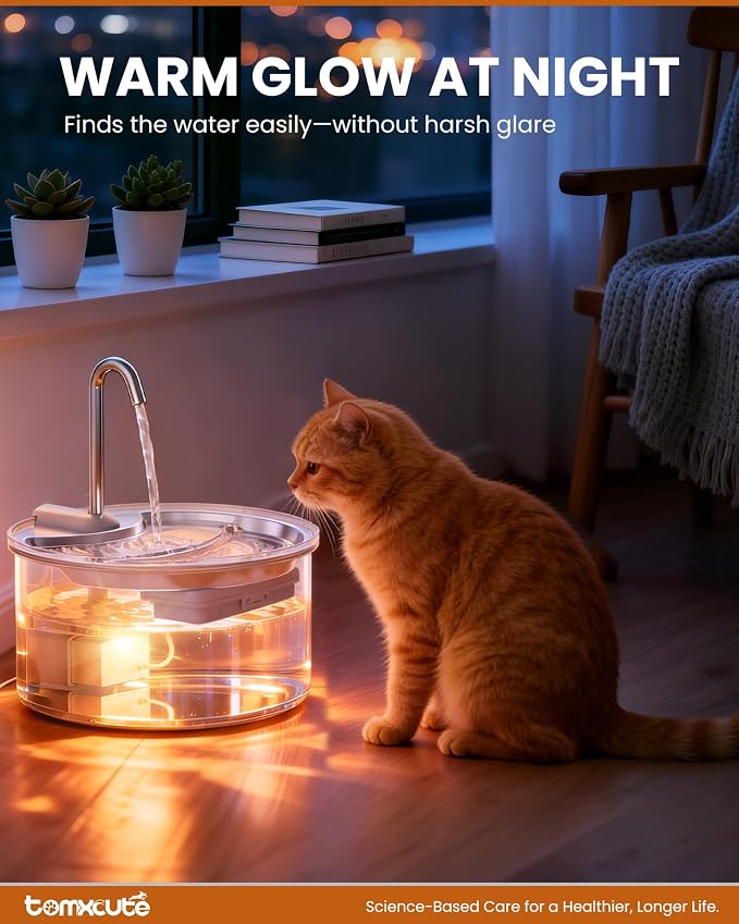 Tomxcute Glass Cat Water Fountain, 84oz/2.5L Scientific Gold Capacity for 1-2 Cats, Tiered Step-Level Pet Fountain with Soft Warm Glow, Ultra Quiet Borosilicate Glass Waterer to Reduce Feline Acne