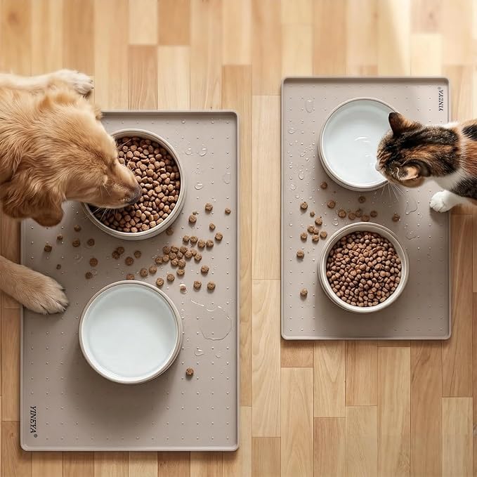 YINEYA Silicone Dog & Cat Food Mat Waterproof 18" x 12", Raised Edge Dog Bowl Mat for Food and Water, BPA-Free Non-Slip Pet Feeding Mats for Floors, Multifunctional Silicone Mat (Taupe)