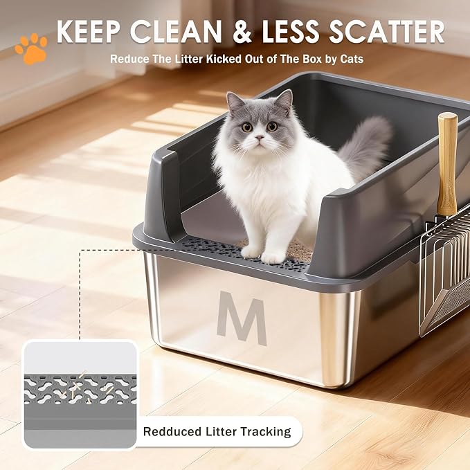 Stainless Steel Litter Box, 17.4'' x 13.5'' x 8.5'' Metal Kitty Litter Box for Small Cats Kitten High Sided Litter Boxs with Scoop Open Top Low Entry Easy to Clean Non-Sticky Anti-Leakage