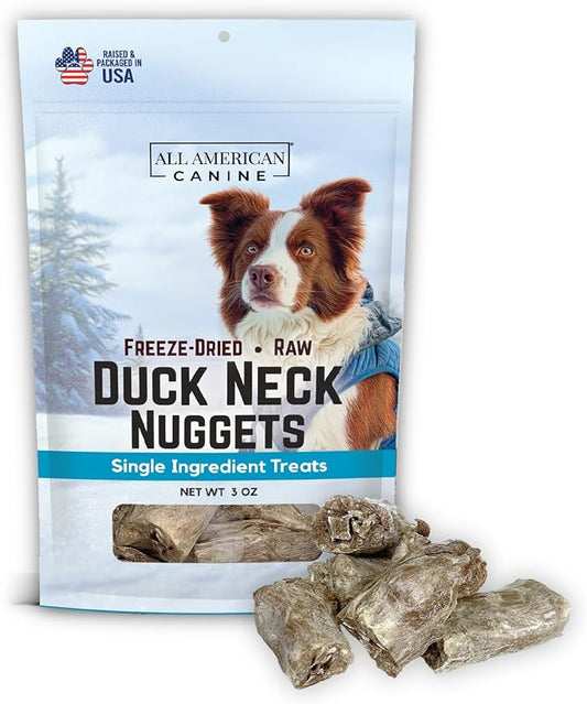 All American Canine Freeze-Dried Duck Neck Nuggets Dog Treats – Single Ingredient Raw Bite-Size Duck Necks, Made in USA, 3 oz