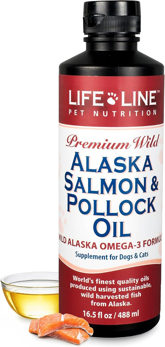 Life Line Pet Nutrition Wild Alaska Salmon & Pollock Oil - Omega 3 Supplement for Dogs and Cats in All Life Stages, 16.5 Fl Oz