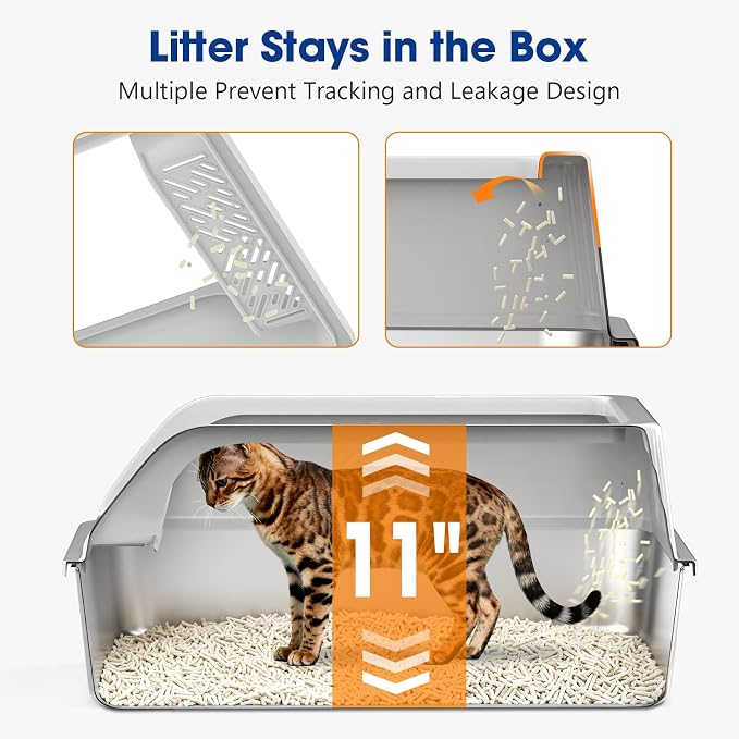 2 Pack XL Stainless Steel Litter Box, Metal Cat Litter Boxes with Lid, High Sided Enclosed Litter Boxes for Big Cat and Multiple Cats, Anti-Urine Leakage | Non-Stick Bottom & Includes Scoop