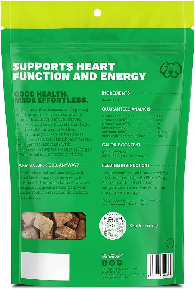 Get Joy Freeze-Dried Meal and Treats Bundle, Endurance 100% Beef Heart Dog Treats, 4 Ounce, and Gut Health Fresh Freeze Dried Raw Meal Dog Food, Beef Recipe, 32 Ounce