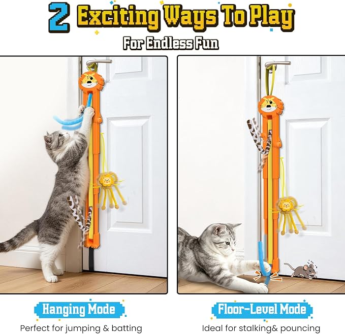 Cat Toys for Indoor Cats, 2 in 1 Door Hanging Cat Toy Interactive Automatic Moving 2 String Tails for Multi-Cat Households, Plush Dangler for Kitten Toys Hide and Seek Motion Activated, 4 Sounds/Off