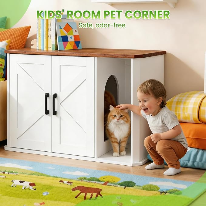 Modern Wooden Cat Litter Box Enclosure, Hidden Washroom Cabinet with Double Doors and Side Entry, Large Cat House End Table, Easy-Clean Sturdy Furniture
