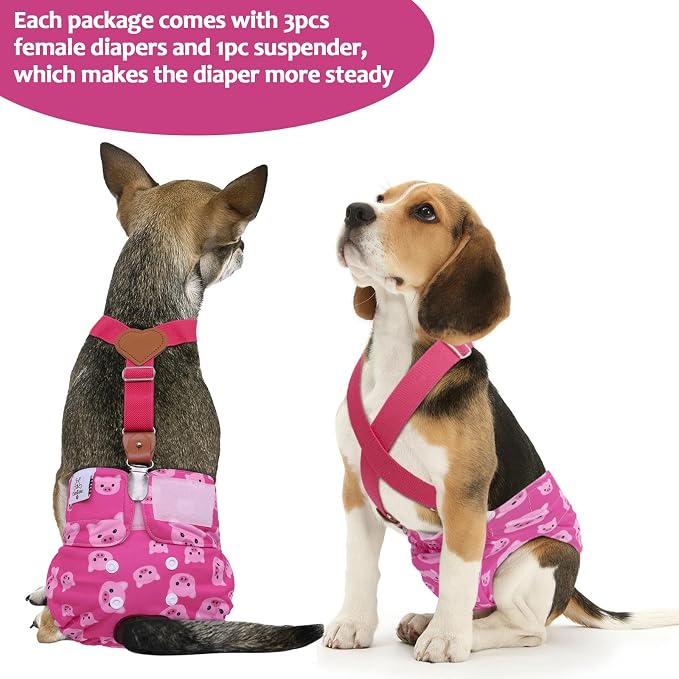 CuteBone Dog Diapers Female 3 Pack Reusable Doggy Diapers with One Suspender for Small Medium Large Dog Period BDD05M