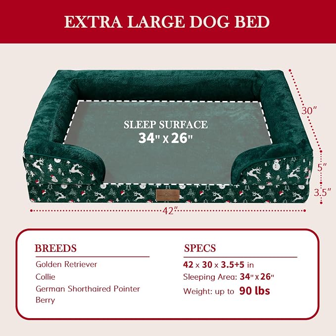 Comfort Expression Orthopedic Dog Bed for Extra Large Dogs 42x30 Inch, Waterproof Egg Crate Foam XL Pet Bed, Gifts for Christmas, Dog Couch with Washable Cover & Non-Slip Bottom, Christmas Green