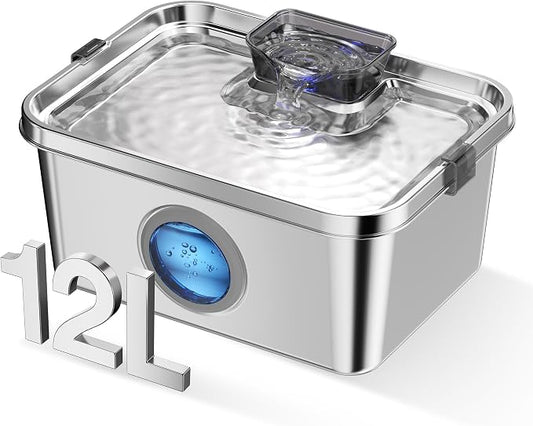 PETIMI Dog Water Fountain, 3 Gallons Stainless Steel Dog & Cat Water Fountain, Large Pet Water Fountain for Multiple Pets, Ultra Silent, Wide Mouth, Safety Lock, 3 Filters Included, Smart Water Pump