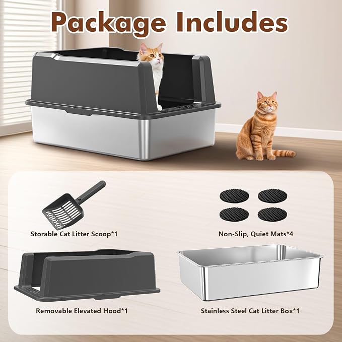 Extra Large Stainless Steel Cat Litter Box for Large Cats & Multiple Cats, 28" Lx 20" W High-Sided Design, Easy to Clean, Non-Stick, Anti-Leak, Includes Scoop