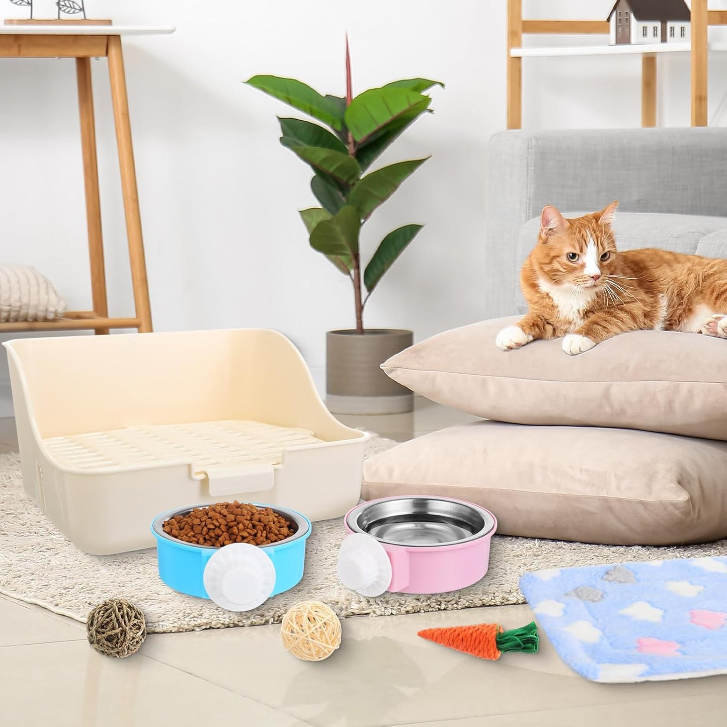 15 Pcs Rabbit Starter Kit Small Rabbit Litter Box Animal Grooming Kit Bunny Toys Bowl Blankets with Cleaning Set for Guinea Pig Accessories(Multicolor)