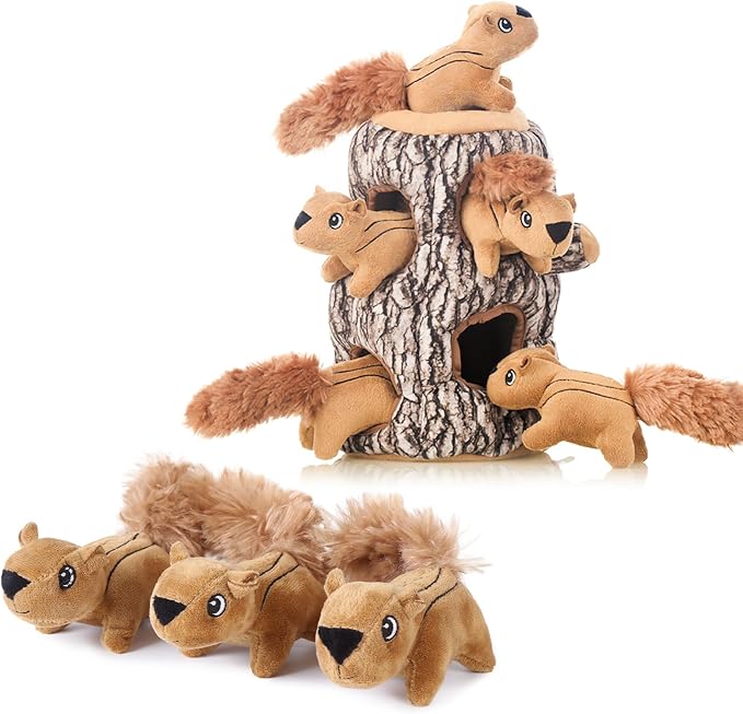 Laifug Hide and Seek Squirrel Plush Dog Toy, Interactive Squeaky Dog Toy Hide and Seek, XL + Three Little Squirrels