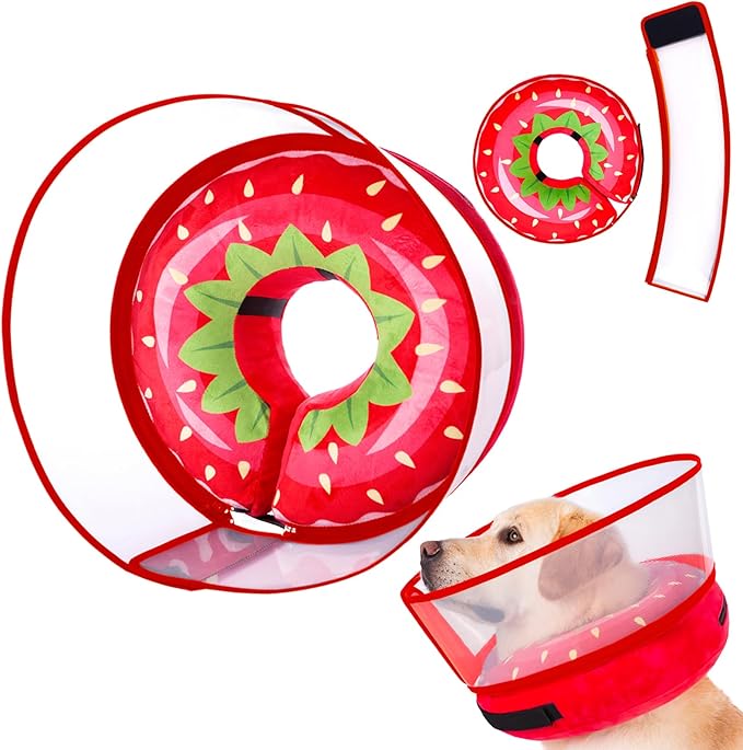 Inflatable Dog Cone Collar for Large Medium Small Dogs, Soft Dog Donut Collar Adjustable Recovery Cone for Pets After Surgery, Extra Enhanced Anti-Licking Guard Shield for Pets (Medium, Strawberry)