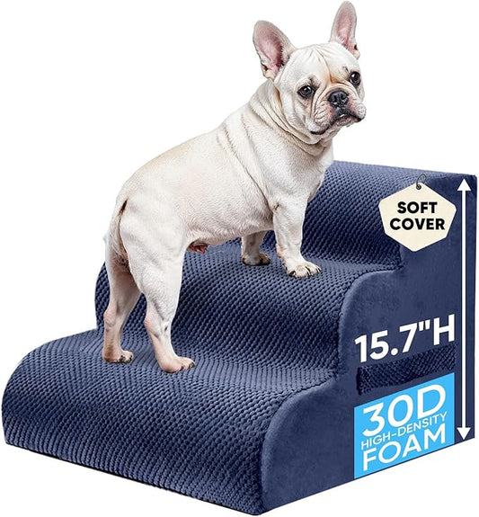 PAWSCRAT Pet Stairs for Dogs 3-Step, 15.7" H Pet Stairs for High Bed, Couch Sofa & Chair, 30D Material Soft Foam Dog Steps with Non-Slip Bottom Surface Removable Washable Cover, Blue