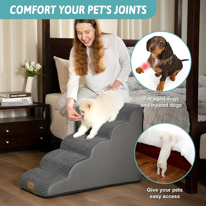 COZY KISS Wide Dog Stairs for Small Dog 22.6" H, Curved Pet Step for Puppy, Older Cat, Curved Ramp for High Bed or Car, Ladder with High Density Foam, Durable, 17.7x33x22.6 inch, Charcoal Grey