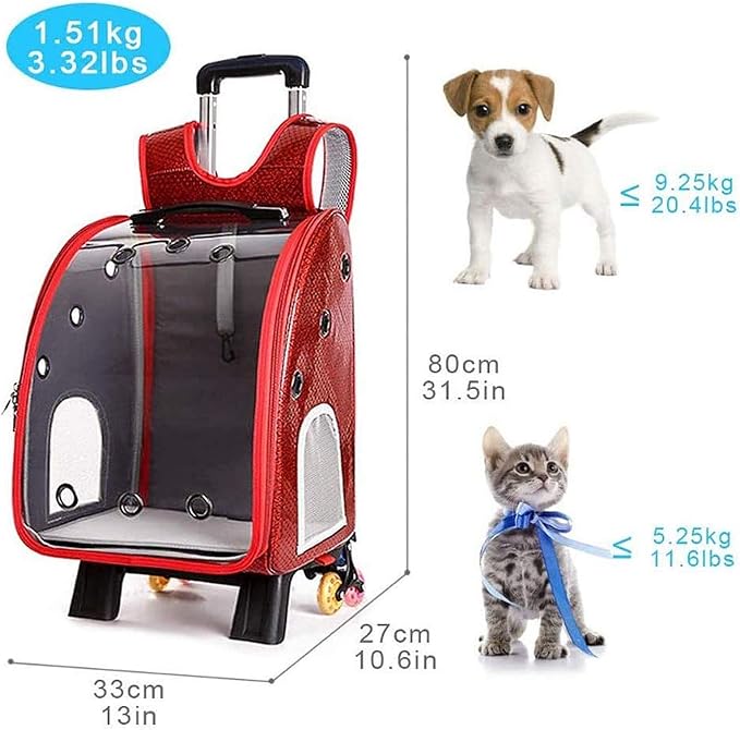 Pet Travel Rolling Carrier Backpack with Removable Wheels,Portable Foldable Breathable Airline Approved Hiking Soft-Sided Carrying Bag Trolley for Small Dogs And Cats with Mesh Ventilation Windows