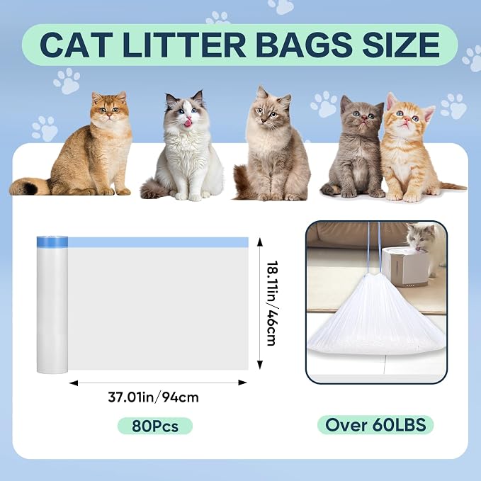 80 Count Jumbo Cat Litter Box Liners, Cat Litter Liners for Automatic Litter Box, 10-15 Gallon Heavy Duty Cat Litter Bags with Drawstrings, 37" x 18.11"