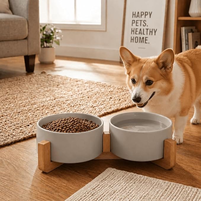 SPUNKYJUNKY Ceramic Dog and Cat Bowl with Wood Stand Non-Slip Matte Glaze Weighted Food Water Set for Cat Medium Dog 28.7 OZ
