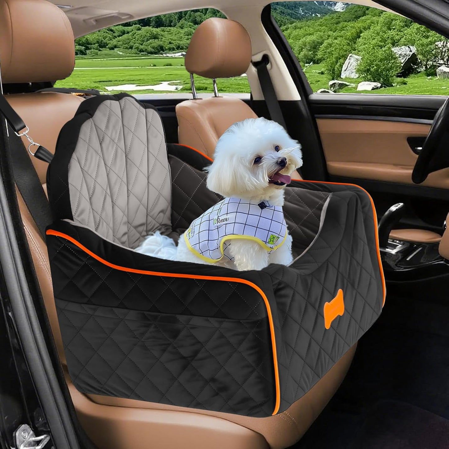 Dog Car Seat for Small Dogs Under 30lbs, Detachable Washable Pet Booster Seat with Safety Belt & Storage Pockets, Travel Car Bed, Black/Grey